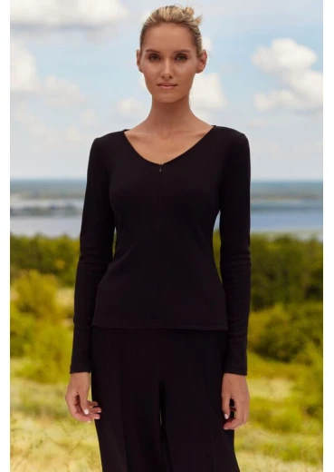 Longsleeve z zamkiem błyskawicznym w prążki czarny