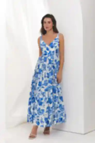  Sukienka maxi z V-neck jedwab tkanina odcinkowa niebieskie kwiaty na mlecznym