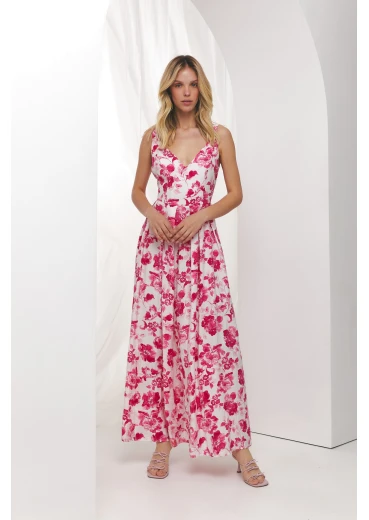  Sukienka maxi z V-neck jedwab tkanina odcinkowa różowe kwiaty na mlecznym
