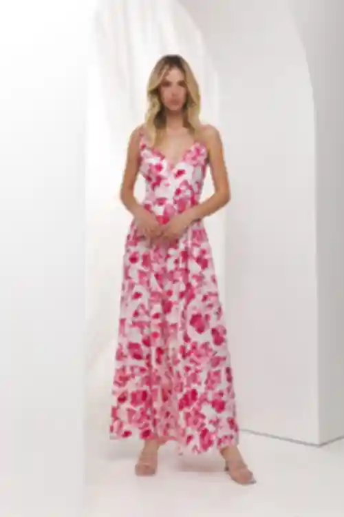  Sukienka maxi z V-neck jedwab tkanina odcinkowa różowe kwiaty na mlecznym