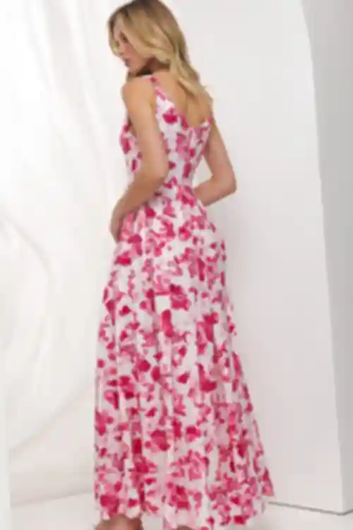  Sukienka maxi z V-neck jedwab tkanina odcinkowa różowe kwiaty na mlecznym