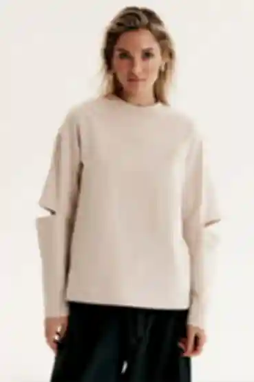Longsleeve z rozcięciami na rękawach dzianina beżowy