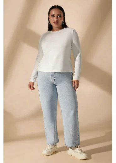 Longsleeve z dzianiny w kolorze mlecznym, duży rozmiar