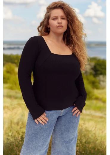 Longsleeve z wycięciem z dzianiny czarny, duży rozmiar