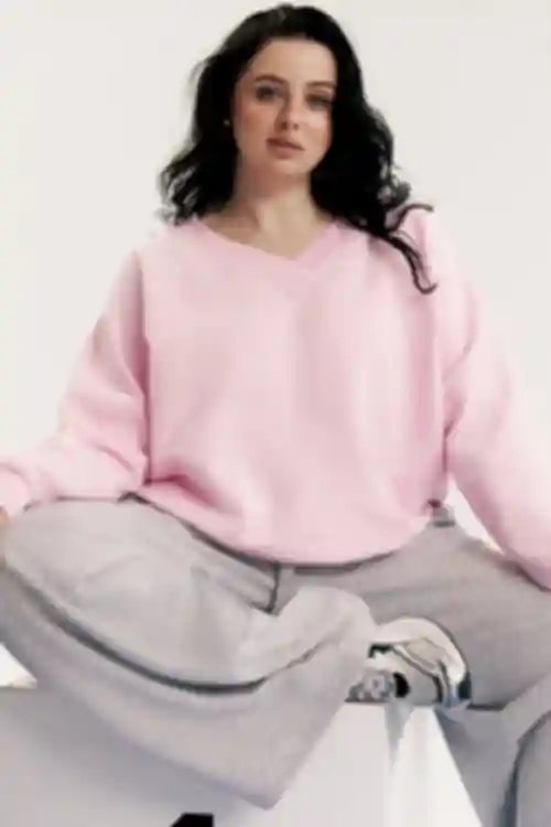 Bluza o luźnym kroju V-neck dzianinowa różowa duży rozmiar