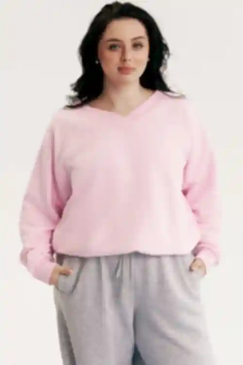 Bluza o luźnym kroju V-neck dzianinowa różowa duży rozmiar