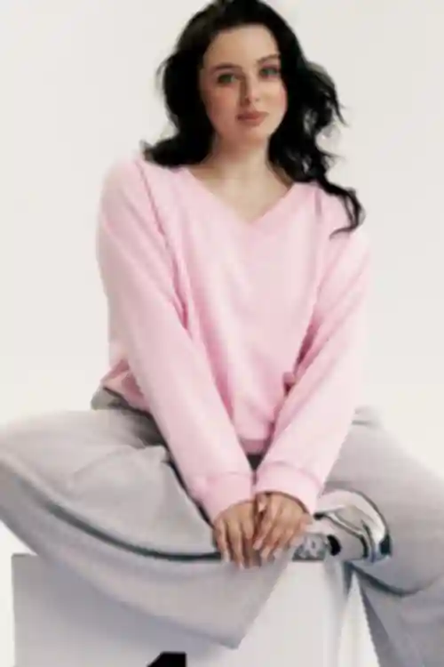 Bluza o luźnym kroju V-neck dzianinowa różowa duży rozmiar