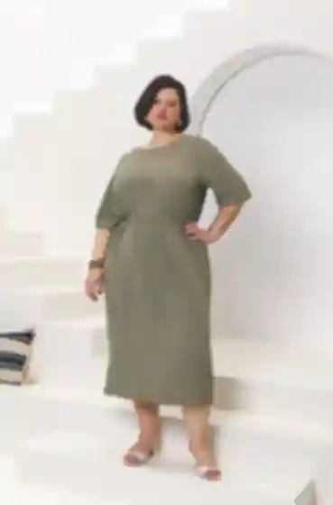 Sukienka midi z krótkim rękawem wiskoza w kolorze khaki duży rozmiar