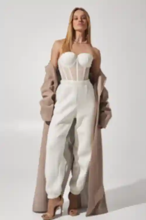Płaszcz oversize maxi w jodełkę w kolorze latte